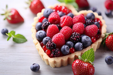 Cake in a shape of heart, cake with berries, top view 