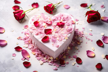 Cake in a shape of heart, cake with berries, top view 