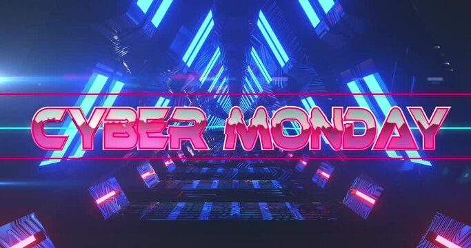 Animation of cyber monday text banner against neon blue tunnel in seamless pattern