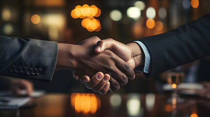 successful business agreement contract dealing businessman handshake close up hand palm with blur city building and office working space background - obrazy, fototapety, plakaty