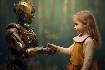 Fototapeta na wymiar little girl shaking hands with a robot. ai generative