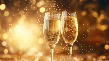 Two glasses of champagne over blur spots lights background.
