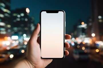 Mobile phone with a white screen in hands, on a city background