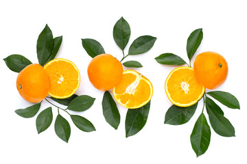 Orange fruit with green leaves on white background.
