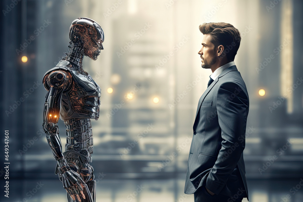 Aufkleber a robot with artificial intelligence stands with a man. ai generative