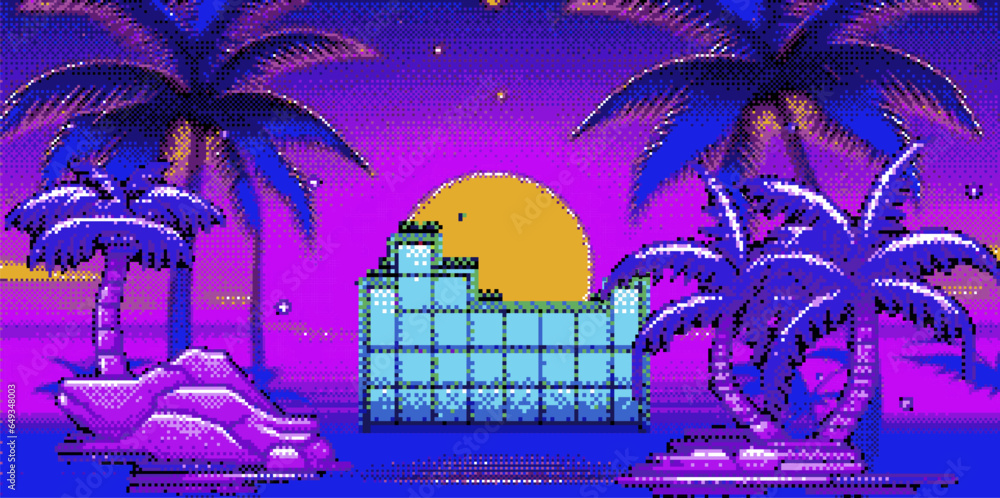 Aufkleber Synthwave retro background with palm trees and sun in pixel art style.
