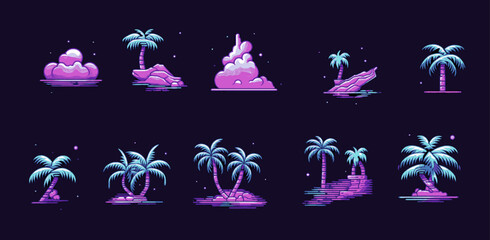 Pixel art video game asset with palm trees. Retro 8-bit style vector elements for icon, logotype or print design.