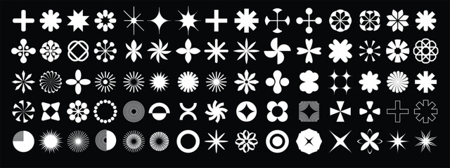 Fototapeta premium Geometric abstract flower shape vector set, funky star figure icon kit, retro brutal minimal art. Simple Memphis y2k elements collection, floral grid flat bauhaus template. Abstract flower forms