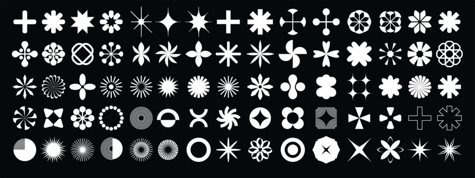 Geometric abstract flower shape vector set, funky star figure icon kit, retro brutal minimal art. Simple Memphis y2k elements collection, floral grid flat bauhaus template. Abstract flower forms