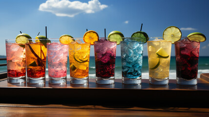 Delicious, tasty and colorful cocktails in a spectacular landscape facing the beach and sea