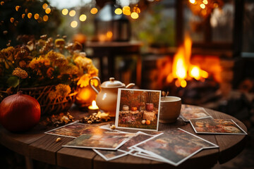 Obraz na płótnie Canvas flat lay of autumn postcards placed on a cozy hearth, with a crackling fireplace in the background, creating a warm and inviting atmosphere