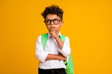 Portrait of diligent clever schoolkid hand touch chin look empty space contemplate isolated on yellow color background