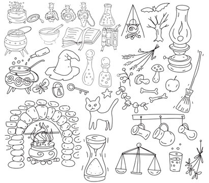 Halloween set holiday doodle cute pictures hand drawn coloring pages ghost pumpkin broom cobweb autumn leaves