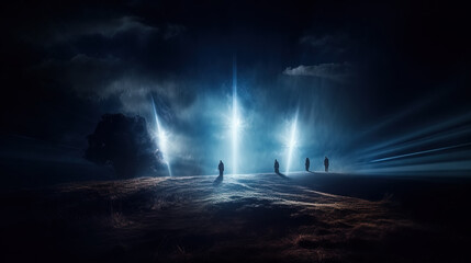 People observing supernatural blue beams of light in the sky - obrazy, fototapety, plakaty
