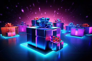 3D illustration of Cyber ​​Monday online shopping, neon lights and luminous gift boxes - obrazy, fototapety, plakaty