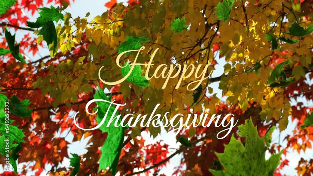 Poster animation of happy thanksgiving text and autumn leaves against low angle view of trees and sky