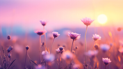 beautiful colorful meadow of wild flowers floral background, landscape with purple pink flowers with sunset and blurred background, Soft pastel Magical nature copy space