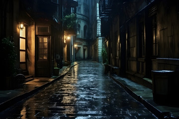 Back street alley with old city houses in rain at night, Generative AI
