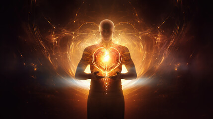 Glowing energy in the heart of a person. Concept of soul, love, kindness, spiritual practice, meditation, and energy work. - obrazy, fototapety, plakaty