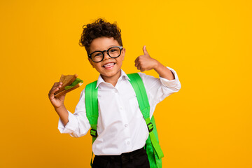 Photo of small positive schoolboy hand hold sandwich demonstrate thumb up approval isolated on yellow color background - obrazy, fototapety, plakaty