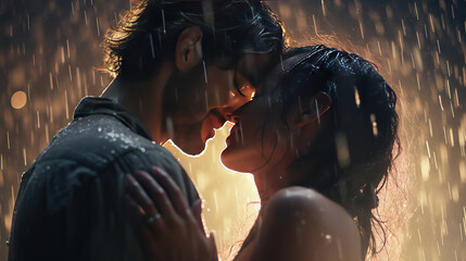 Couple sharing passionate kiss in rain, showcasing deep emotional connection, authenticity, and romantic love. A profound moment of emotional intimacy.
