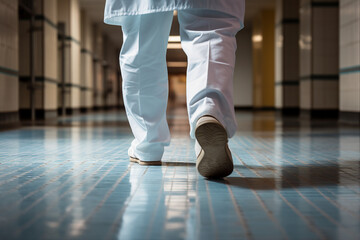 Close up generative AI image of a man in a lab coat and footwear walking down a hallway