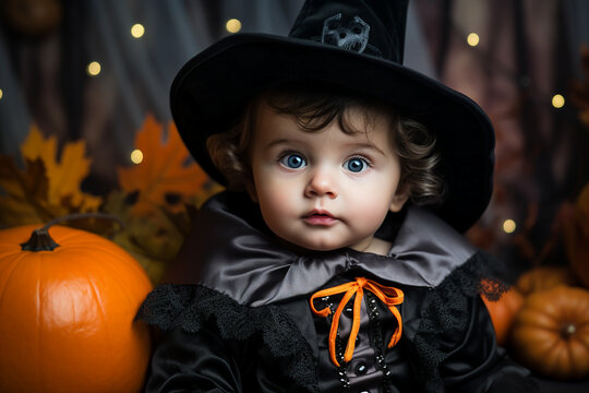 Little kid baby in witch costume celebrating first halloween holiday Generative AI picture