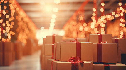 Large warehouse of Christmas gifts. Sale and delivery of goods for Christmas. - obrazy, fototapety, plakaty