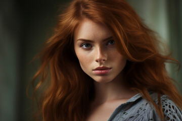 Fototapeta premium Young red hair natural beauty fashion model girl Generative AI picture