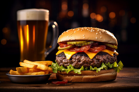 Huge restaurant burger hamburger cheeseburger on plate board with fresh beer glass Generative AI picture