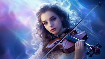 Fototapeta premium Beautiful girl playing violin in neon light