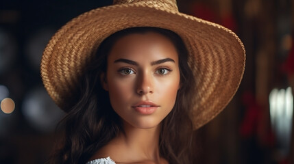 Beautiful young girl in straw hat. Close-up