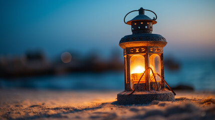 A photo of a traditional lantern placed on the beach sand at dusk. The faint lantern light illuminates the beach sand creating a gloomy and romantic atmosphere. - obrazy, fototapety, plakaty