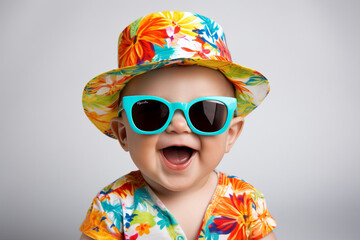 Photography of adorable beautiful positive baby wearing colorful stylish panama and summer glasses having fun generative AI