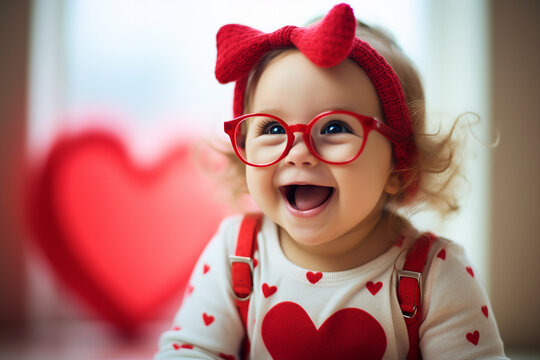 Picture of pretty cute beautiful baby in big stylish red glasses having fun celebrating valentine day generative AI technology