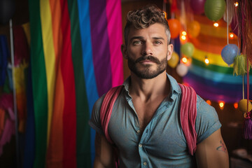 Obraz premium Generative AI picture of handsome smiling black skin guy queer at LGBT parade outdoor