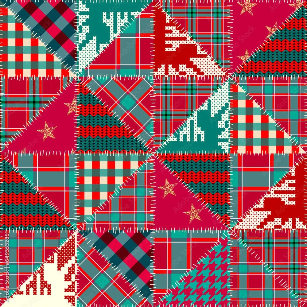 Poster merry christmas patchwork textile pattern. seamless quilting design background.