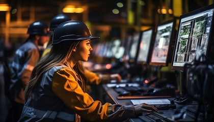 Mujer ingeniera trabajando en computadora. Ingeniero gerente verifica y controla la máquina de brazos robóticos de automatización en fábrica inteligente industrial.Ia generada. - obrazy, fototapety, plakaty