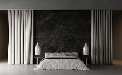 3d rendering of modern bedroom with with a soft bed,hanging clay lamp, concrete floor. Texture of a plastered dark wall. Imitation of the texture of stone and cement on the wall. Decorative curtains 