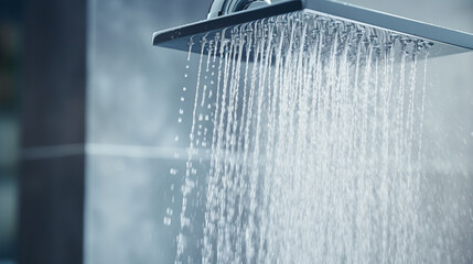 close up of power shower head  in a tiled bathroom, motion blur, hygene concept
