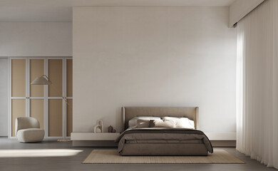 Modern master bedroom interior with soft bed, reading-lamps and decor, concrete floor,braided carpet. Resting place in the bedroom. Decorative wooden panel. Empty decorative wall above the bed for art