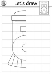 Complete the train picture. Vector transportation symmetrical drawing practice worksheet. Printable black and white activity for kids. Copy the picture transport coloring page with engine.