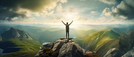 Hiker triumphantly standing at a mountain summit, embodying achievement and success, with a breathtaking view of nature's grandeur.