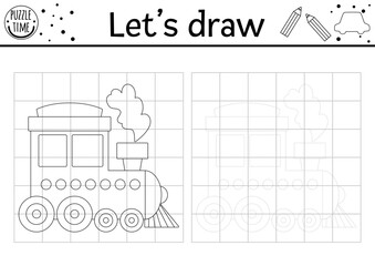 Draw the train. Vector transport drawing practice worksheet. Printable black and white activity for kids with engine. Transportation copy or complete the picture coloring page.