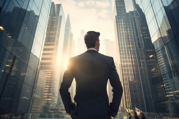 Back view of a businessman in a formal suit against the backdrop of skyscrapers in the business district of the city.