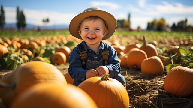 Beautiful little boy in pumpkin patch field at sunny autumn day. Happy cute child laughing. Baby playing outdoors with pumpkins on Halloween.