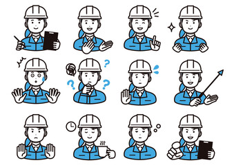 ヘルメットと作業着を着た女性の様々な表情のアイコン素材