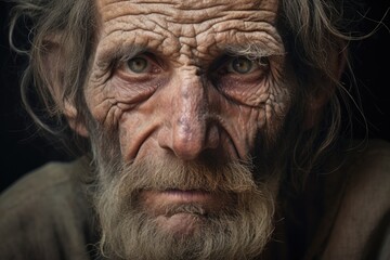 Portrait of old poor homeless bearded man with a sad look on his dirty face with wrinkles.