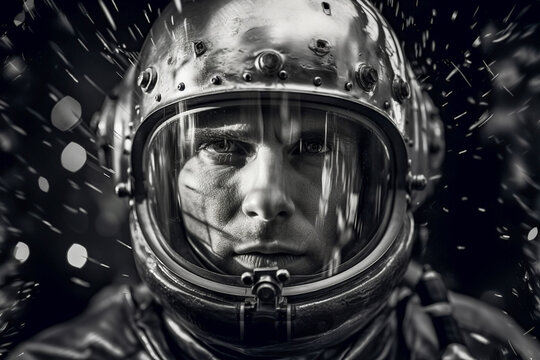 1950's Atomic age portrait of model as astronaut wearing sci-fi style space suit and helmet in preparation for experimental interstellar travel to the moon and beyond.	 - Powered by Adobe