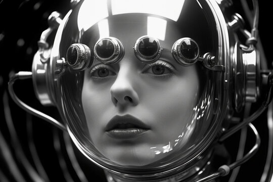 1950's Atomic age portrait of model as astronaut wearing sci-fi style space suit and helmet in preparation for experimental interstellar travel to the moon and beyond.	